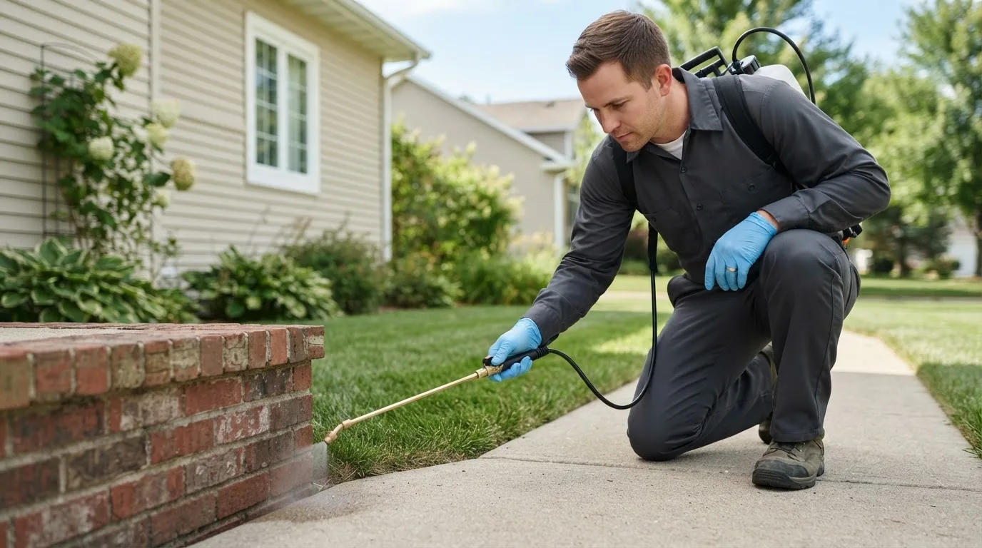 Pest control technician treating a home near Okreek, SD